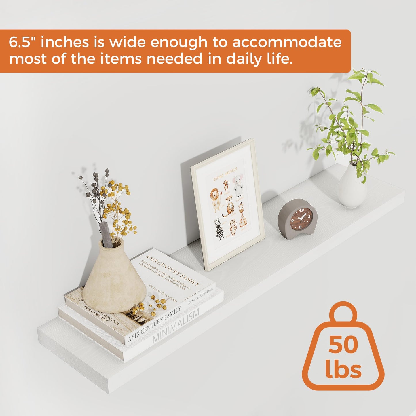 Fun Memories Floating Shelves for Wall, 30" Rustic Wood Deep Wall Mounted Shelves with Invisible Brackets for Decor & Storage, Floating Shelf for Living Room, Bathroom (White, Set of 2)