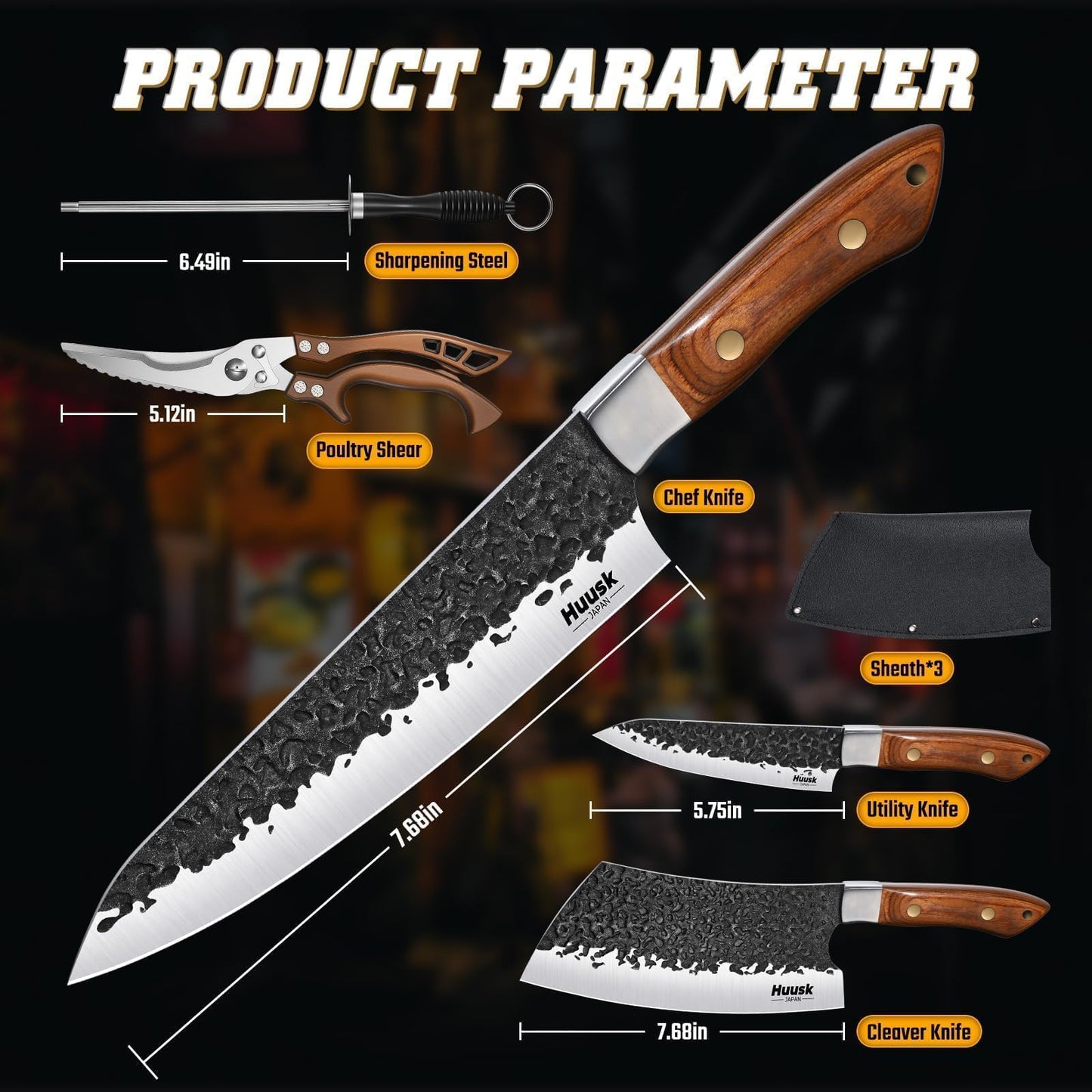 Huusk Chef Knife Set 5Pcs - Hand Forged Meat Cleaver & Chef Viking Knife & Utility Knives, Kitchen Knives Set with Bag for Cooking, Outdoor Camping, BBQ, Gifts for Men