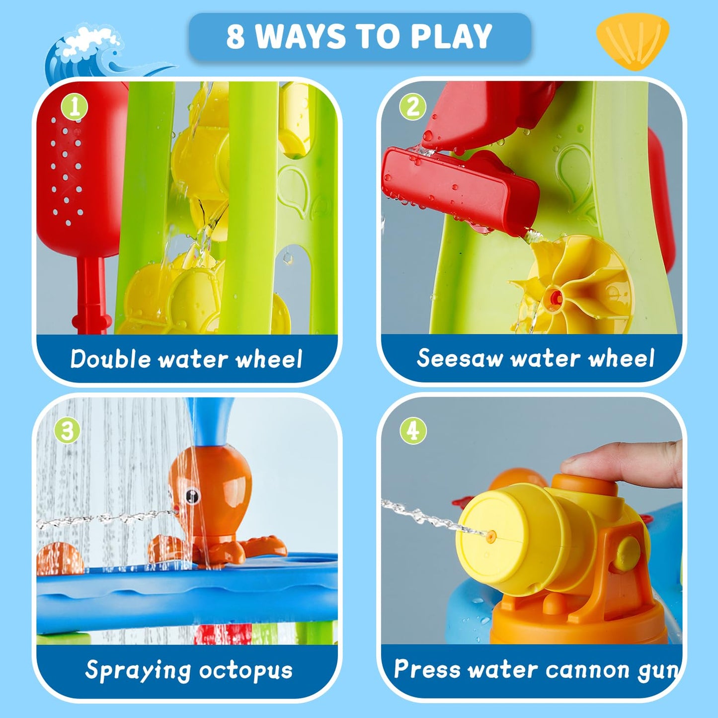 YAZ&OUZ Water Table for Toddlers 1-3, 3-Tier Kids Water Table, Water Tables for Toddlers 3-5 Features Swimming Dolphins & Crabs, Rain Showers Splash Pond, Activity Sensory Play Table for Girls Boys