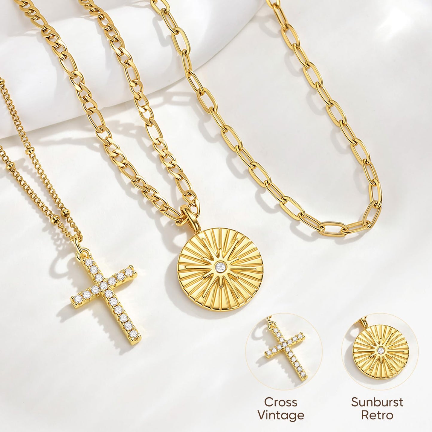Gold Layered Necklace for Women - 3Pcs 18K Gold Plated Cross Necklaces, Stainless Steel Stackable Necklace Cuban Link Paperclip Chain Trendy Jewelry, Herringbone Choker Christmas Birthday Gift for