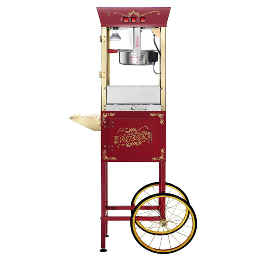 Matinee Popcorn Machine and Cart – 3 Gallon Popcorn Popper, 8oz Kettle, Warmer, and 5 All-In-One Kernel Packs by Great Northern Popcorn (Red)