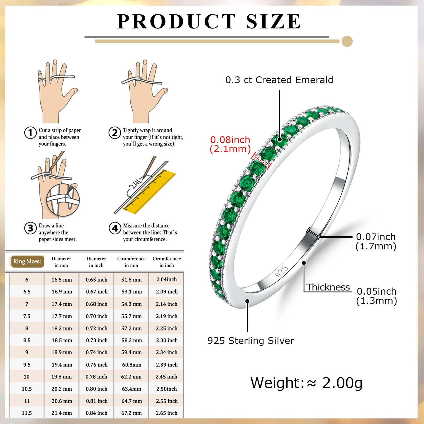 AGRULE Bezel Set Emerald Birthstone Ring 0.3 Cttw Wedding Band for Men Women White Gold Plated Sterling Silver Green Stone Half Eternity Band Rings, Size 9