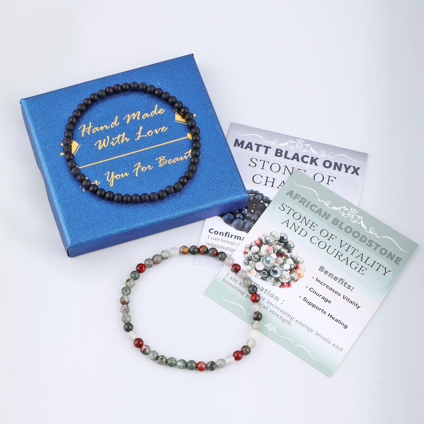 NCB 2-Piece 4mm Natural Crystal Gemstone Stretch Bracelets – ﻿African Bloodstone, Matte Black Agate Handmade Reiki Energy Healing Jewelry for Meditation,Yoga, Unisex
