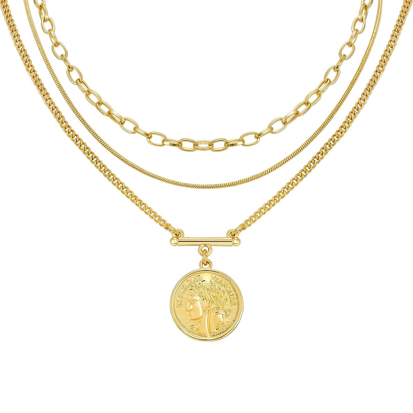 LANE WOODS 18k Gold Plated Necklaces for Women - Stackable Coin Medallion Pendant Necklace Adjustable Layered Choker Necklaces Chain Set Jewelry