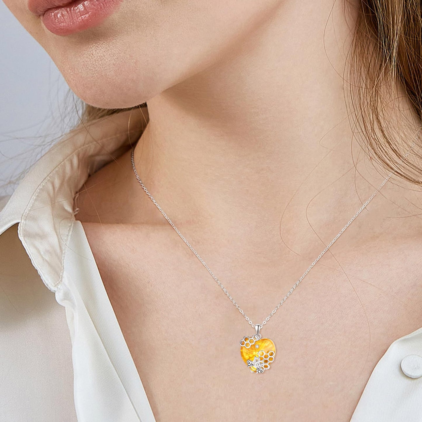 AENEAS Valentines Day Gifts for Women Her Bee Necklace 925 Sterling Silver Honey Bee Pendant Necklace with Love Heart Citrine Crystal Jewelry Gifts for Birthday Christmas Anniversary