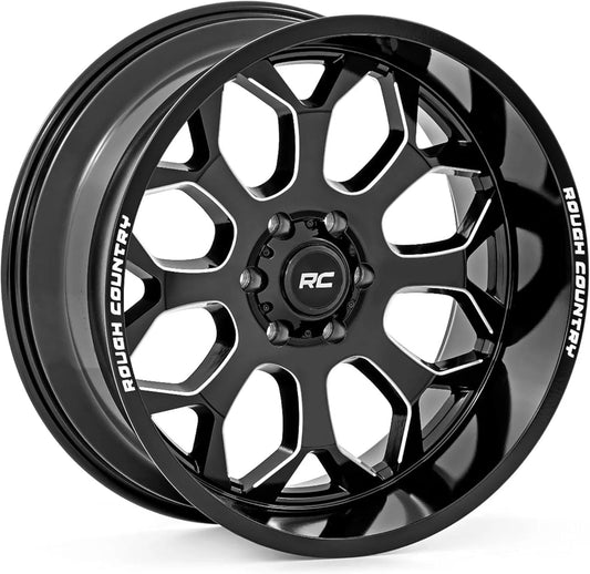 Rough Country 96 Series One-Piece Aluminum Wheel 20x10, 6x5.5" Bolt Pattern, 19mm Offset - Gloss Black w/Milled Accents, 8-Spoke, Lightweight with Center Cap