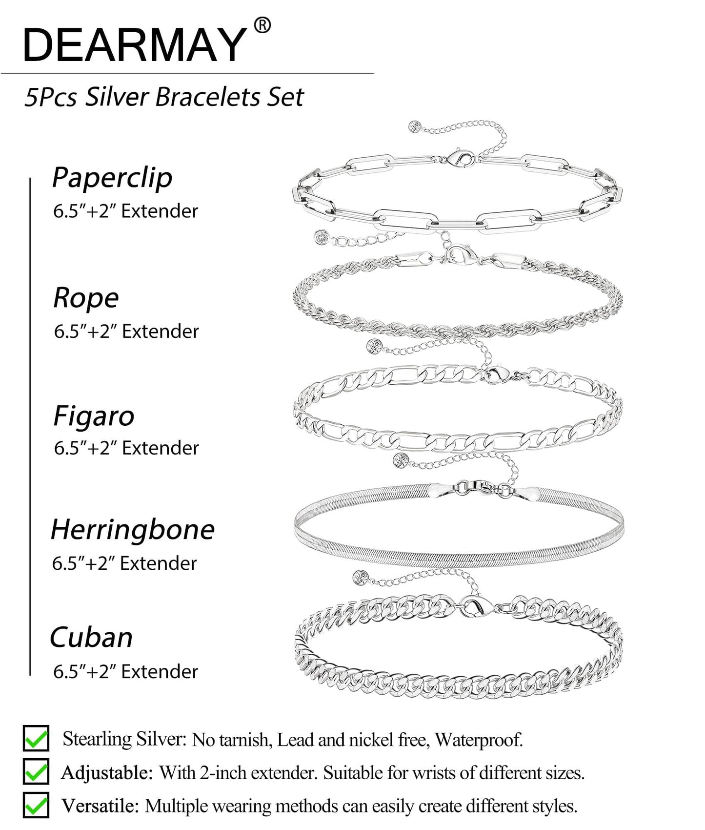 DEARMAY Silver Plated Bracelets for Women Dainty Silver Jewelry Sets for Trendy Stackable Paperclip Rope Snake Box Figaro Chain Bracelets Pack Costume Fashion Gifts for Womens