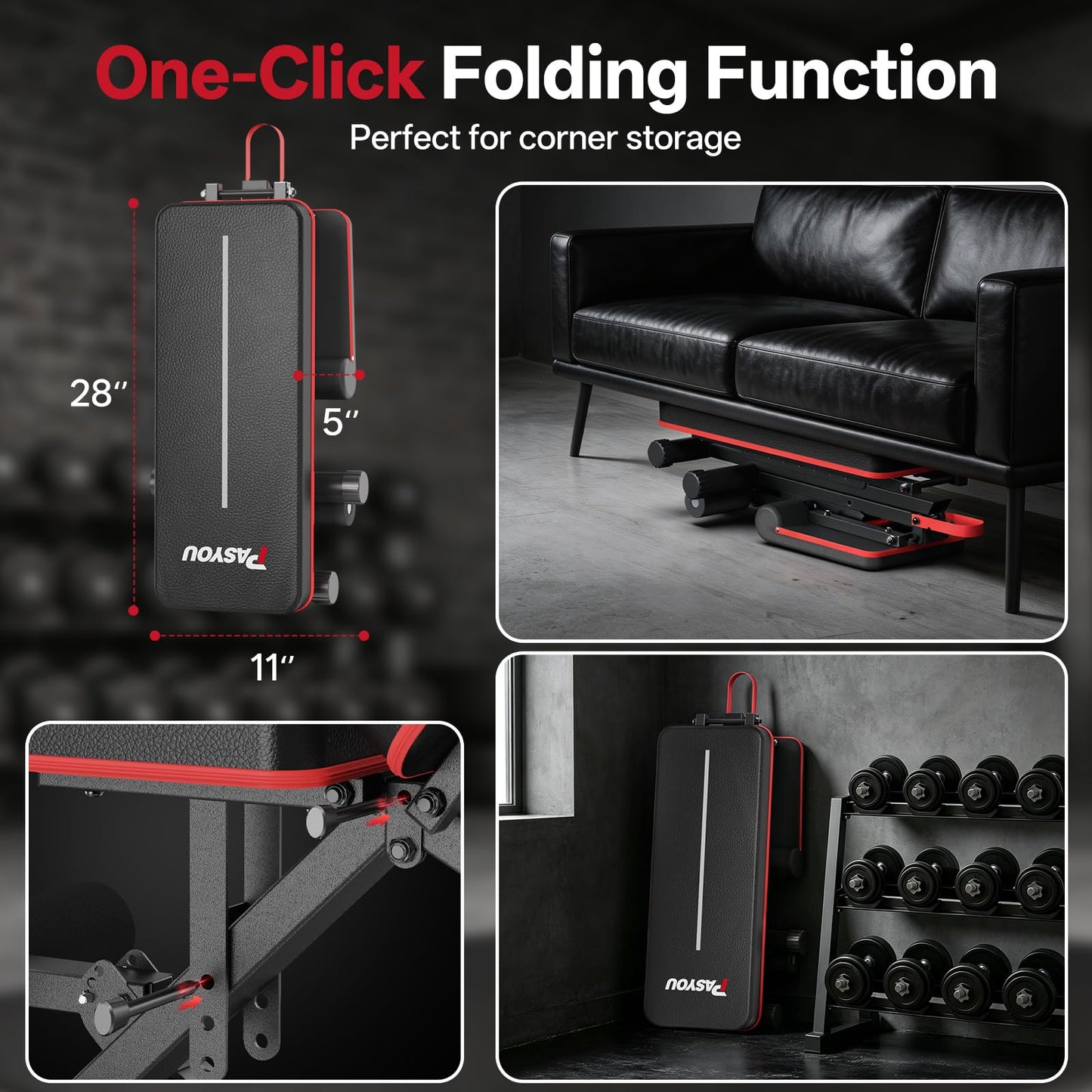 PASYOU Adjustable Weight Bench for Home Gym, Foldable Workout Benches with 660LBS, Exercise Bench for Incline Decline Flat Bench Press, Foldable Strength Bench for Daily Training