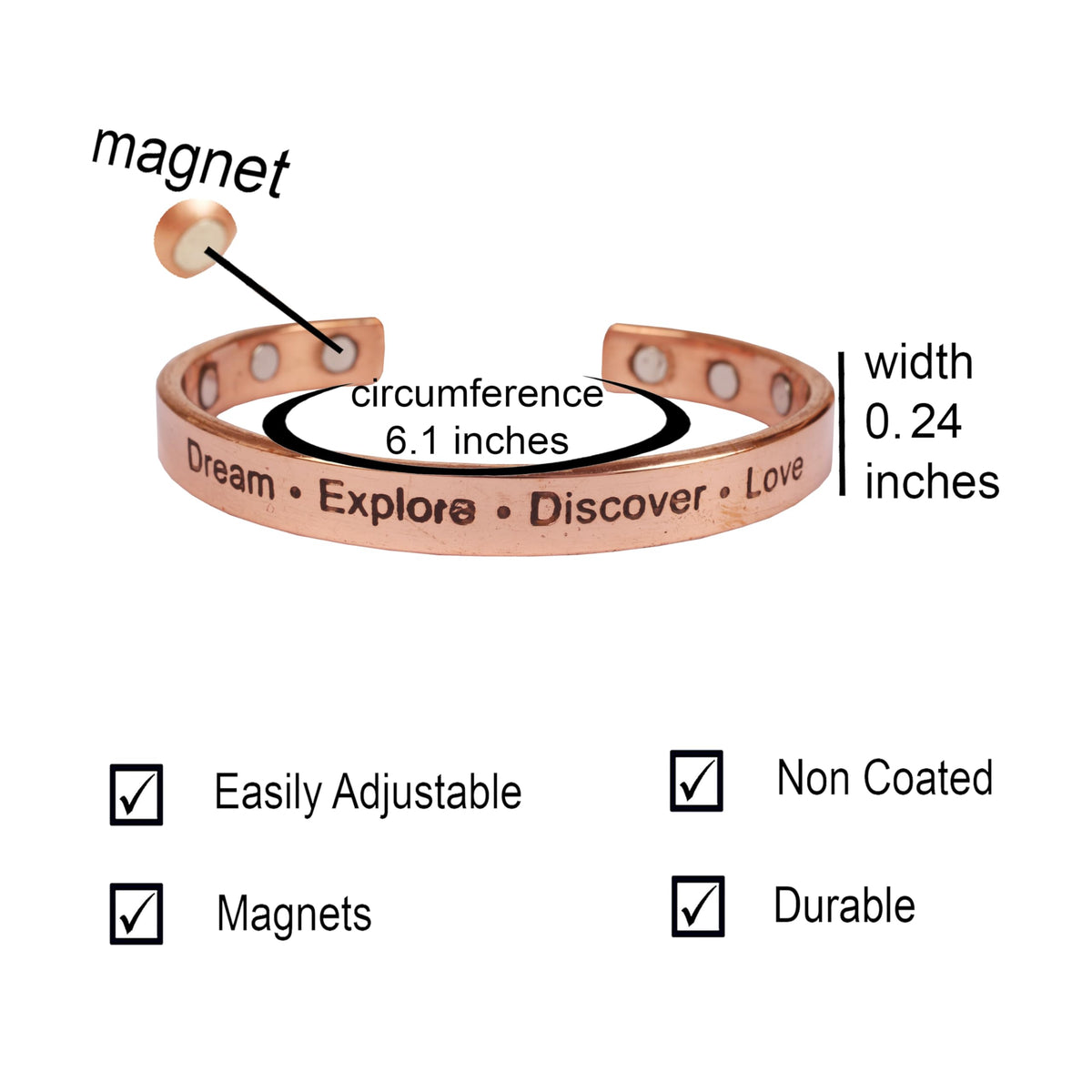 Touchstone Inspirational Copper Engraved Magnetic Bracelets for Women-Personalized Jewelry Gifts for Best Friend/Mom/Daughter/Sister - In a Pretty Gift Box Dream Explore Discover Love