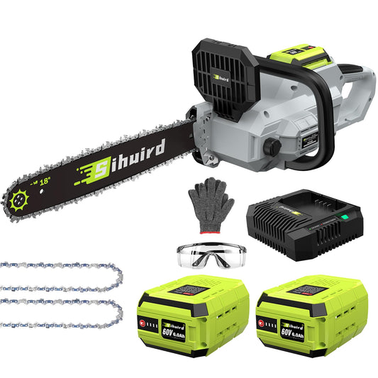 Sihuird 60V 18-Inch Cordless ChainSaw, 2 x 60V 6.0Ah Battery and Charger, Brushless Motor Electric Chainsaw with Tool-free Chain Tension & Auto Lubrication for Tree, Wood Cutting-SL9160