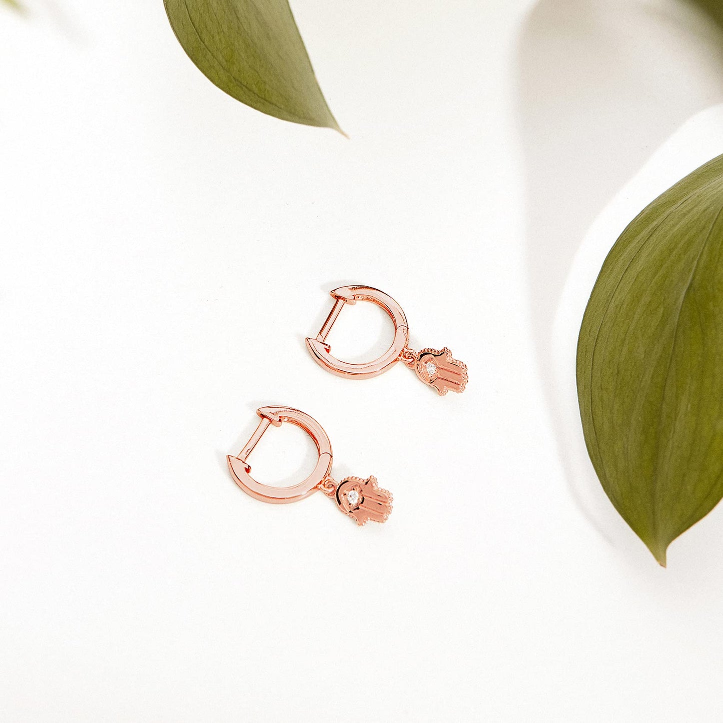 PAVOI 14K Rose Gold Plated 925 Sterling Silver Post Good Luck Dangle Huggie Hoop Earrings For Women - Trendy Hamsa Drop Hoop Earrings - Cubic Zirconia Small Hinged Huggies