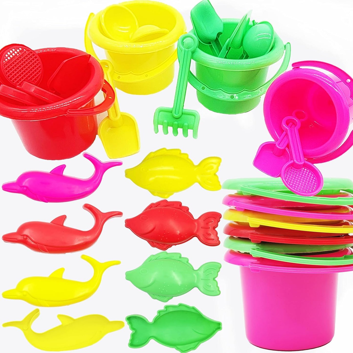 The Dreidel Company Mini Beach Day Playsets, 3.25" Sand Bucket Play Set Box Includes, Pail, Shovel, Rake, Sifter Scoop, Dolphin Fish Sand Trays Toy for Boys and Girls Birthday Party Favor (288-Pack)