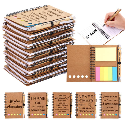 30 Sets Employee Appreciation Gifts Bulk Team College Graduate Thank You Gifts Inspirational Spiral Notebook with Sticky Note Motivational Bamboo Ballpoint Pens for Nurse Teacher Employees Coworker