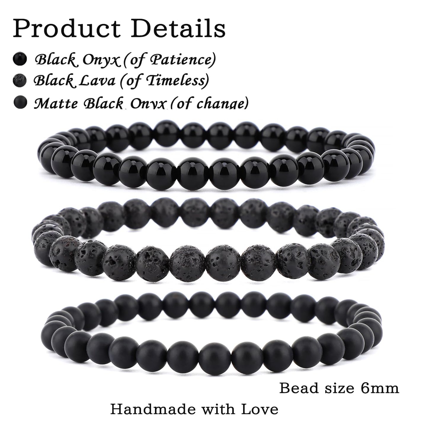 NCB 3-Piece 6mm Natural Crystal Gemstone Stretch Bracelets – ﻿Black Lava, Black Onyx, Matte Black Agate Handmade Reiki Energy Healing Jewelry for Meditation,Yoga, Unisex