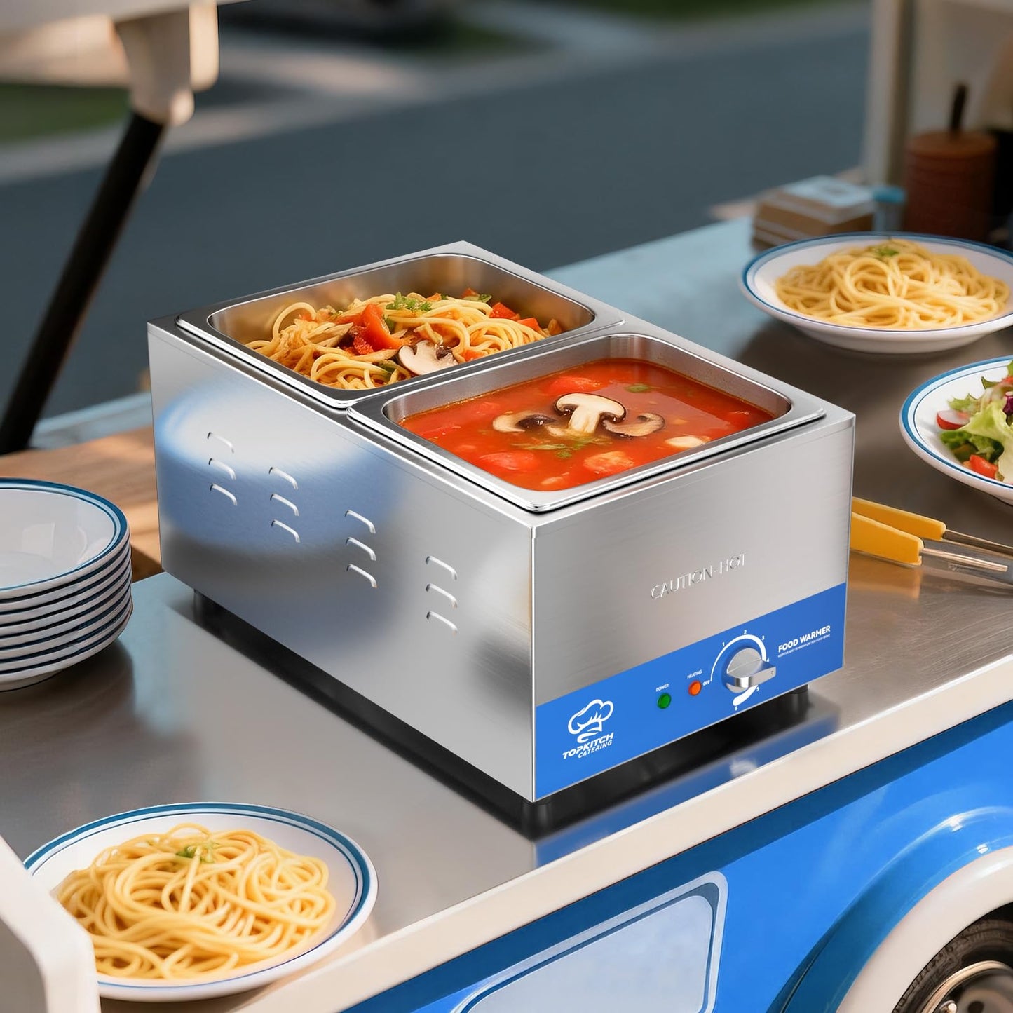 TOPKITCH 2-Pan Commercial Food Warmer with Non-Leakage Stretch-Forming Water Tank &2 of 1/2 Size GN Pan,18L Countertop Steam Table Soup Station Bain Marie for Buffet,Catering,Parties and Restaurants