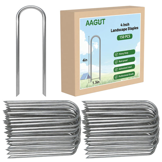 AAGUT 4 Inch Landscape Stakes 150 Pack Garden Drip Irrigation Tubing Stakes Heavy Duty 14 Gauge Galvanized Ground Staples Lawn U Hooks for Soaker Hose, Chicken Wire, Chain Link Fence, Dog Fence