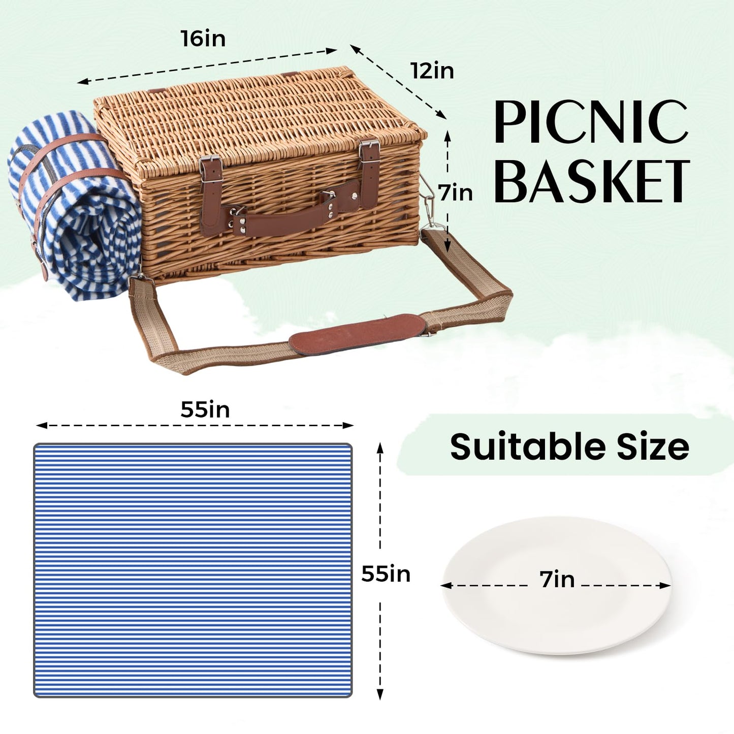 TOSTOOIRX Willow Picnic Basket Set for 4 with Large Insulated Bag and Waterproof Picnic Blanket, Wicker Picnic Hamper for Camping, Outdoor, Birthday, Valentine, Navy