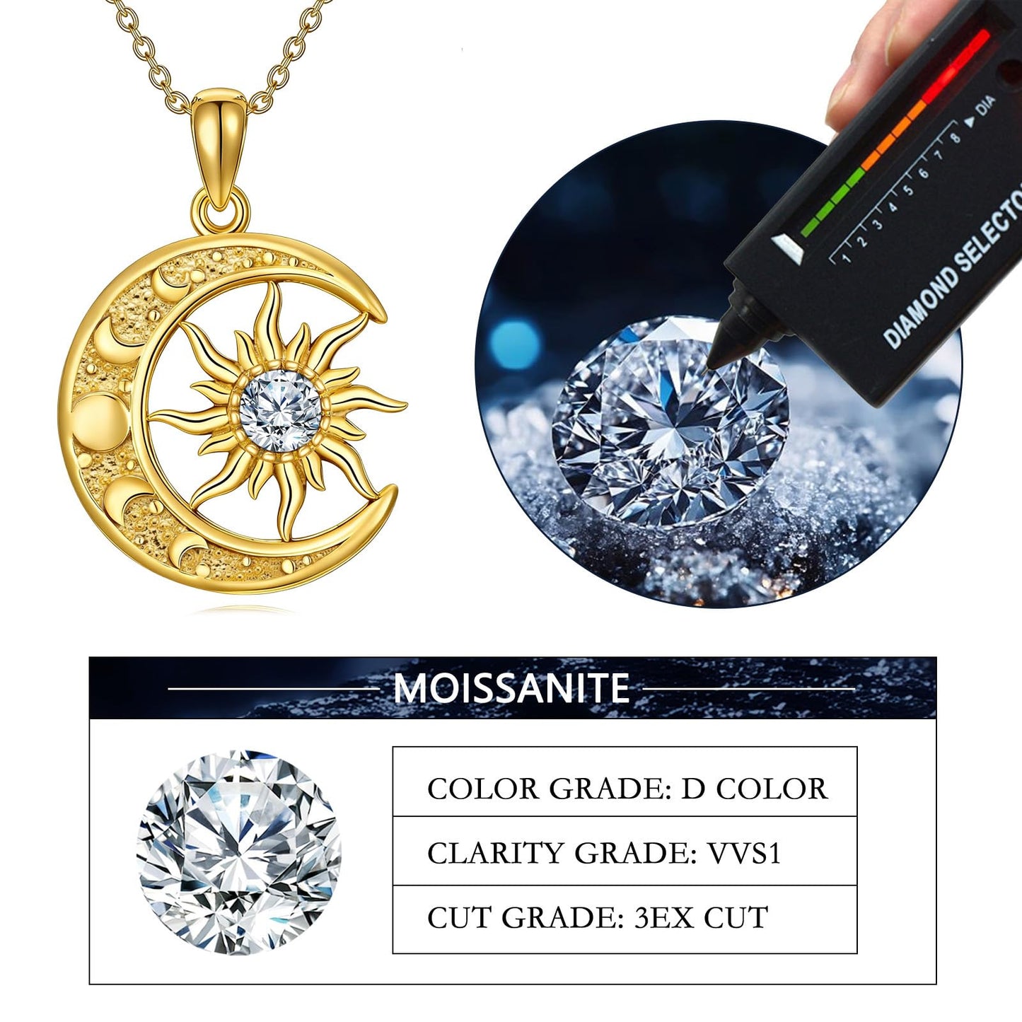 SOACAE Moissanite Moon Sun Necklace 925 Sterling Silver 0.5ct Lab Created Moissanite Pendant Sun and Moon Jewelry Gifts for Women