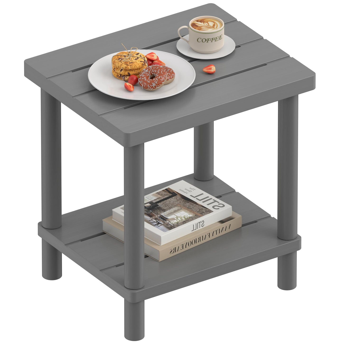 LEJANEOYE Outdoor Side Table, 2-Tier Small Outdoor Table for Patio, Adirondack Side Tables for Outside or Indoor, Bamboo End Table for Pool, Porch, Weather Resistant Easy Maintenance-Gray