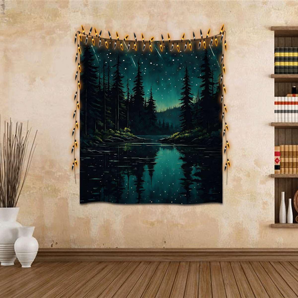 Mystical Enchanted Forest Tapestry Aesthetic Wall Hanging Tapestries Wall Decor Moody Night Sky with Meteor Showers over Lake for Bedroom Living Room Dorm Gallery (WCDOY53,40" L x 30" W)