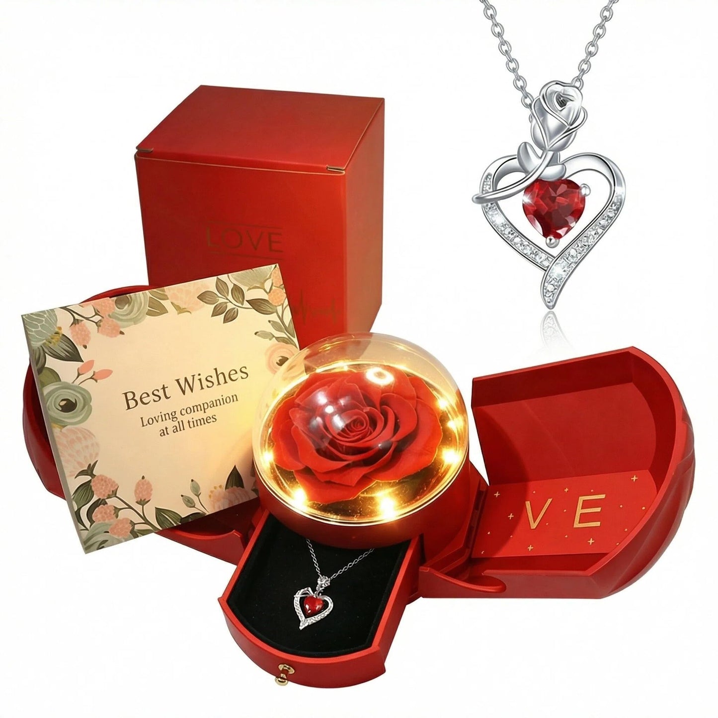 Mifgra Preserved Rose Jewelry Gift Box with Heart Necklace – Eternal Rose LED Light Gift Set for Women, Perfect for Valentine's Day, Birthday, Mother's Day, Girlfriend, Wife, Mom