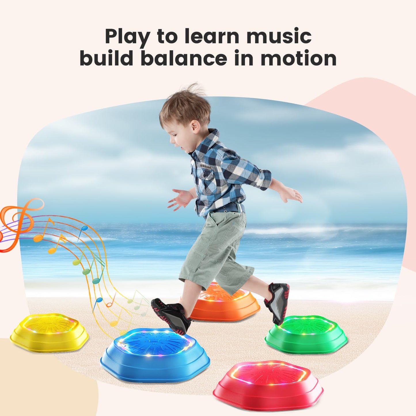 Holyton Light Up Stepping Stones for Kids, 5 Pack Sensory Balance Stepping Stones with Rechargeable Batteries, Non-Slip Toddler Stepping Stones for Ages 3-8, Indoor Outdoor Active Play, Red