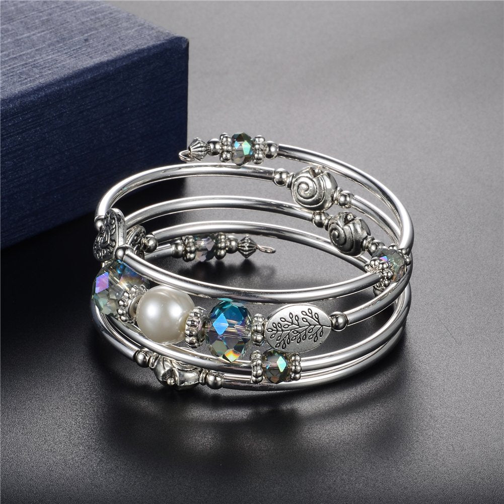 PEARL&CLUB Bead Crystal Wrap Bangle Bracelet - Fashion Jewelry Beaded Bracelet with Silver Metal, Gifts for Women(92-Green)
