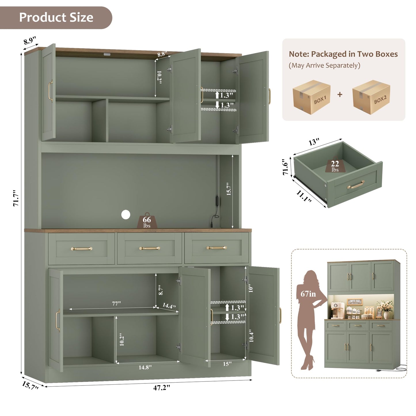HOSTACK 72" Tall Kitchen Pantry Cabinet with Charing Station | LED Lights, 47" W Kitchen Pantry Storage Cabinet with Countertop, Modern Kitchens Hutch Cabinets with Storage for Dining Room, Green