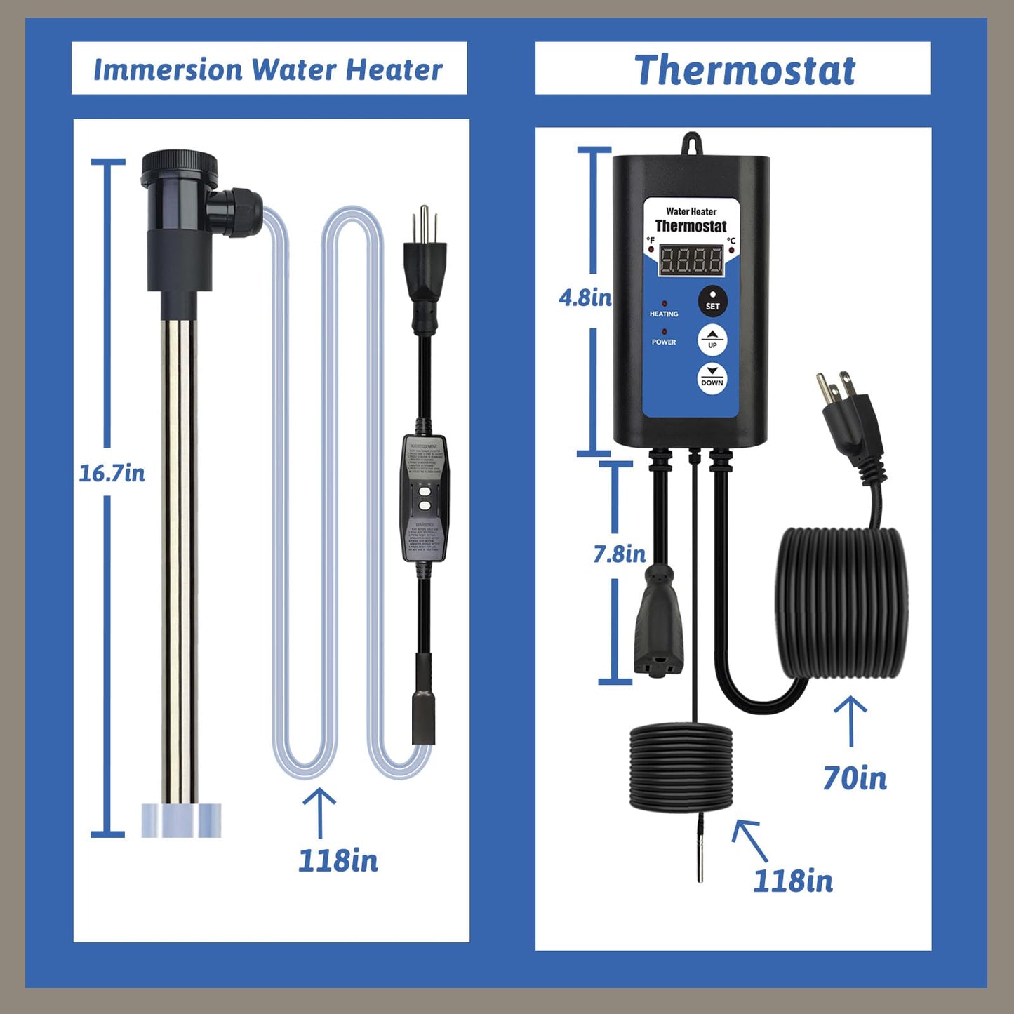 XCLBTFDC 1800W Immersion Water Heater Portable Electric Bathtub & Inflatable Pool Submersible Water Heater with Thermostat, GFCI for Bucket, Swimming Pool, Baptistry, Sap, Above Ground Pool & Hot Tub