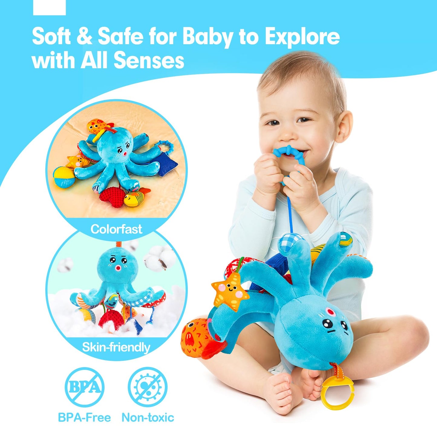 hahaland Baby Toys 0-6 Months - Car Seat Toys Octopus Toy with Pulling Cords, Squeaky, Crinkle, Rattle, Mirror, Montessori Newborn Sensory 4 Month Babies Gift Stroller Carseat Hanging Toy for Baby Gym