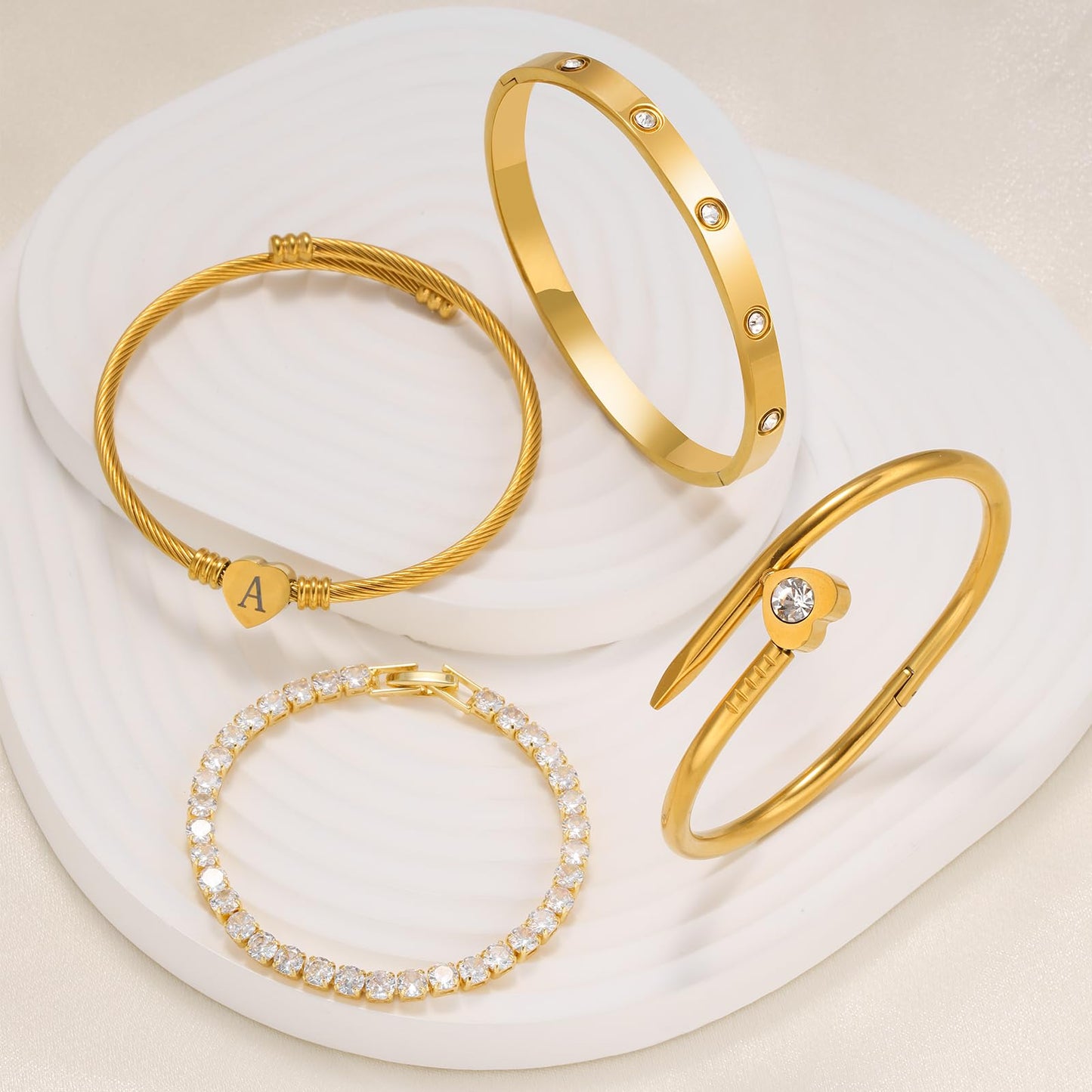 MEIERYA18K Gold Plated Nail love Bangle Bracelet Set for Women,Cubic Zirconia,Adjustable tennis bracelet Trendy Gift Jewelry for Mother's Day Anniversary (01-Style-A)