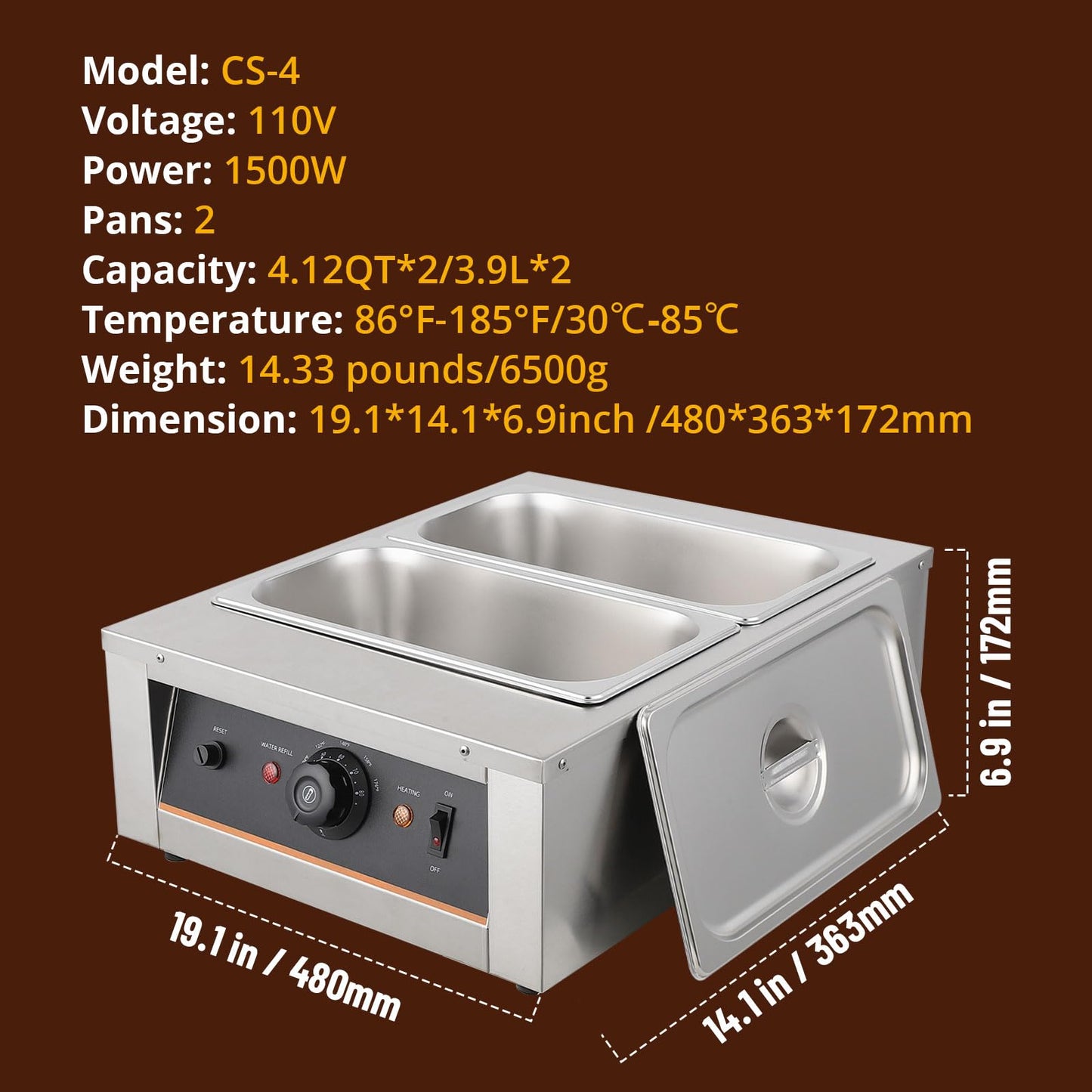 GarveeHome Chocolate Tempering Machine - 4.12 QT *2 Tanks, Temp Control 86~176℉, 1500W Stainless Steel Electric Commercial Food Warmer for Chocolate/Milk/Cream Meltingream Melting