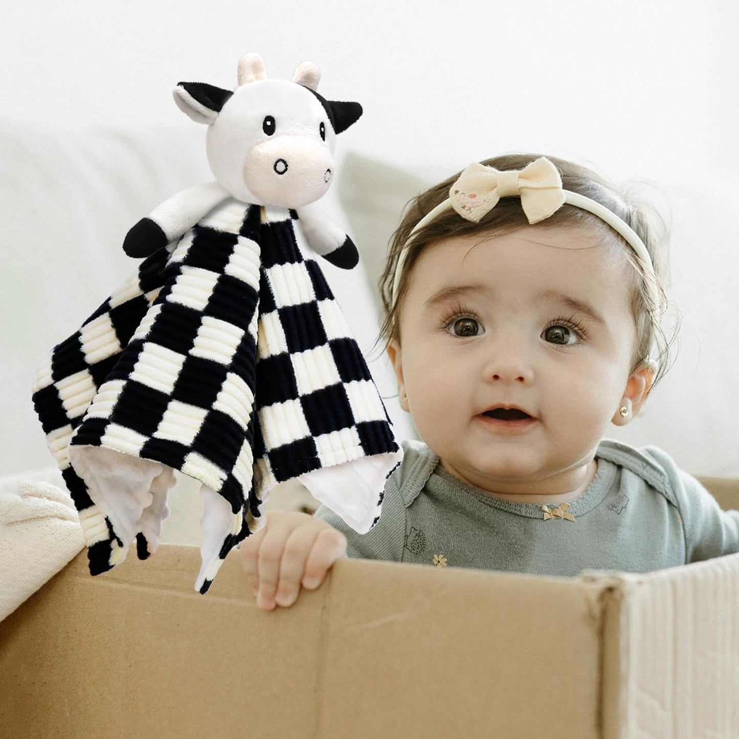 BEILIMU Cow High Contrast Baby Security Blanket for Babies, Soft 3D Checkerboard Lovey with Minky Dot Fabric Backing, Newborn Boys and Girls Snuggle Stuffed Animal Blankie 14 Inch