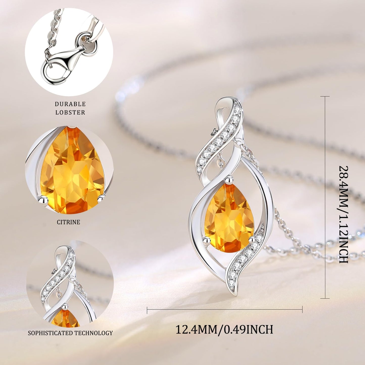 FANCIME November Birthstone Necklace for Women Citrine Teardrop Necklace Sterling Silver Infinity Love Birthday Gifts for Mom Women, 16"+2" Inches