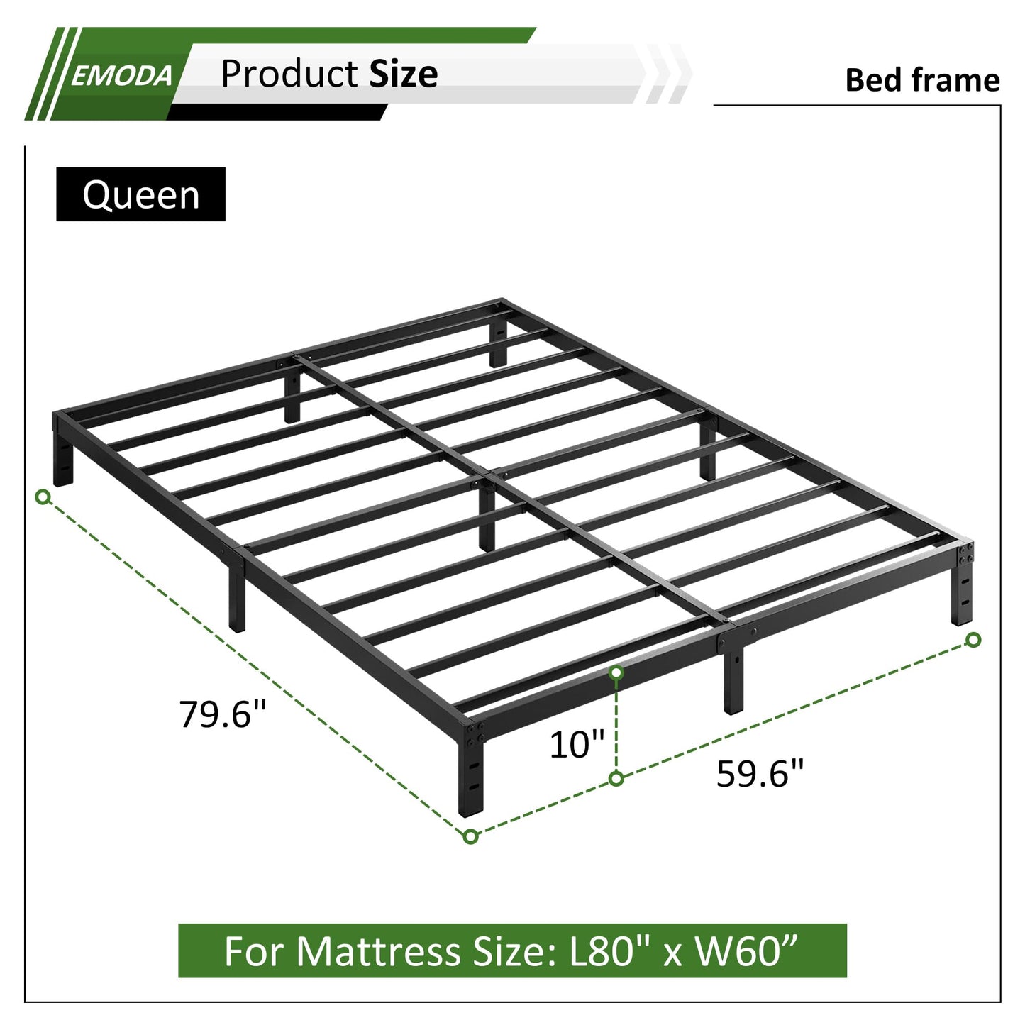 EMODA Queen Bed Frame No Box Spring Needed 10 Inch Heavy Duty Metal Platform BedFrame Queen Size with Steel Slats, Easy Assembly, Black