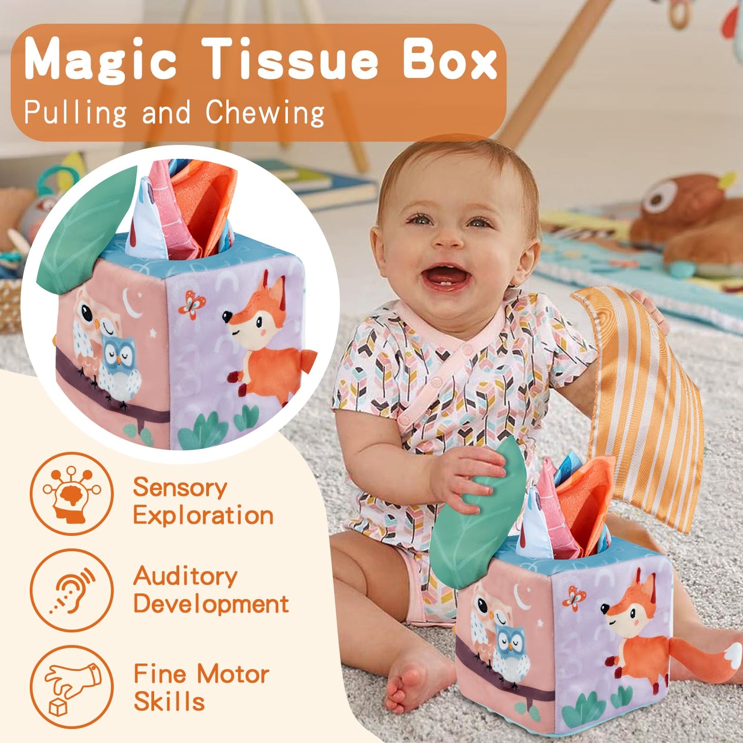 Twefex Montessori Toys for Babies 6-12 Months - 3 in 1 Baby Toys Play Kit - Medium Spinning Drum - Baby Tissue Box Toy - Peekaboo Knob Puzzle with Cards - Learning Educational Toy for Boys and Girls