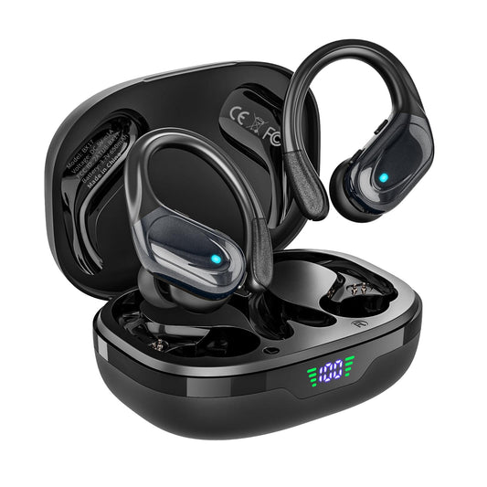 HAOYUYAN Wireless Earbuds, Sports Bluetooth Headphones, 80Hrs Playtime Ear Buds with LED Power Display, Noise Canceling Headset, IPX7 Waterproof Earphones for Workout/Running(Black)
