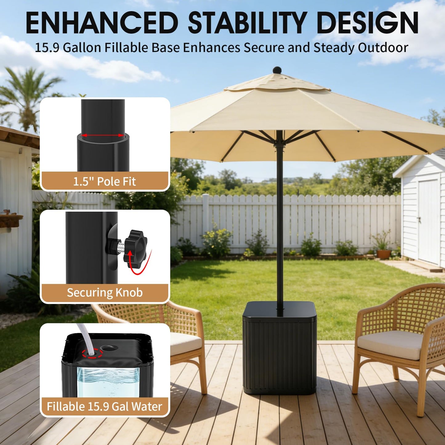 BoYata Outdoor Umbrella Side Table, 2-in-1 Outdoor Side Table with Umbrella Hole, 15.9 Gallon Fillable Umbrella Stand Base, Fit Up to 1.5" Pole, Square Patio Side Table for Poolside, Deck, Matte Black