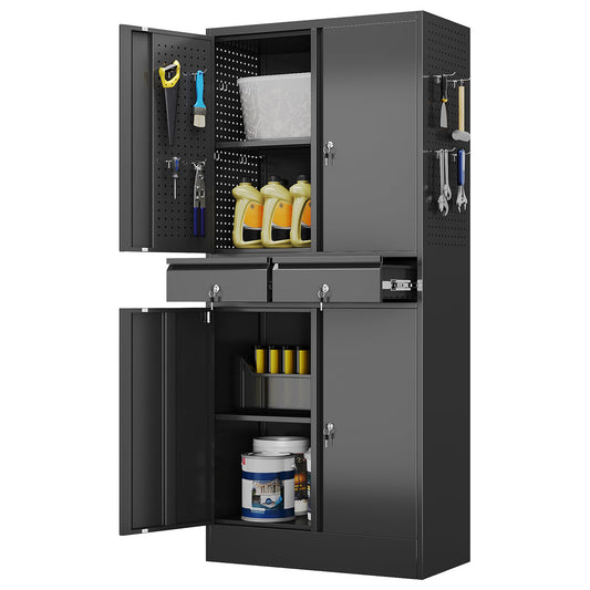 JAORD Metal Storage Cabinet with 2 Drawers and Pegboard, Garage Storage Cabinet with Locking Doors and 2 Adjustable Shelves, 71" H Steel Cabinets for Garage, Home, Office, School, Black
