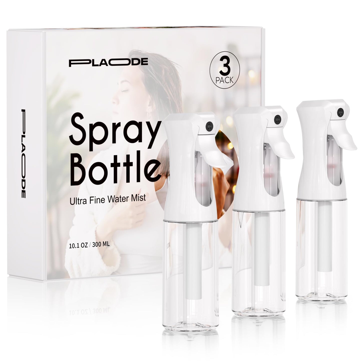 3 Pack Spray Bottle for Hair - Continuous Hair Spray Bottles Refillable Mister Sprayer for Hairstyling, Plants, Pets, Skincare, Cleaning (10.1 OZ/300ML, White)