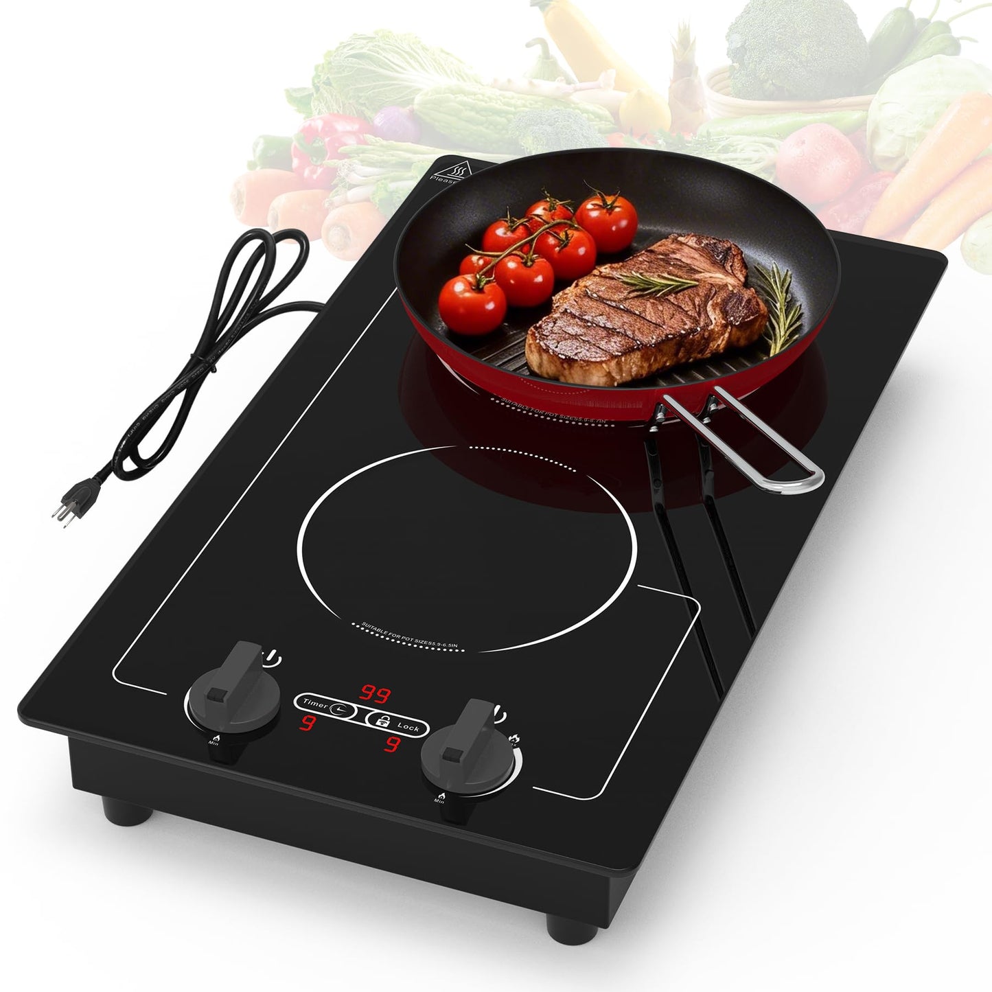 VBGK Induction Cooktop,110V 2300W 2 burner hot plate with Knob Control,9 Power Levels, Kids Lock & Timer,LED touch control,Overheat Protection Electric stove,2 burner induction cooktop