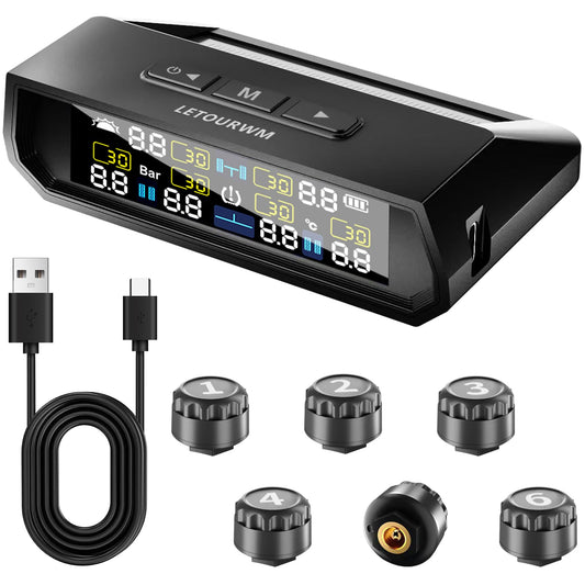 RV Tire Pressure Monitoring System -TPMS 2025 Upgrade Tire Pressure Monitor with 6 Sensors,Solar Charge & USB Type-C Color LCD Display, 0-9.9BAR/144PSI Range, 6 Alarm Modes for RV/Trailer/Truck IP68