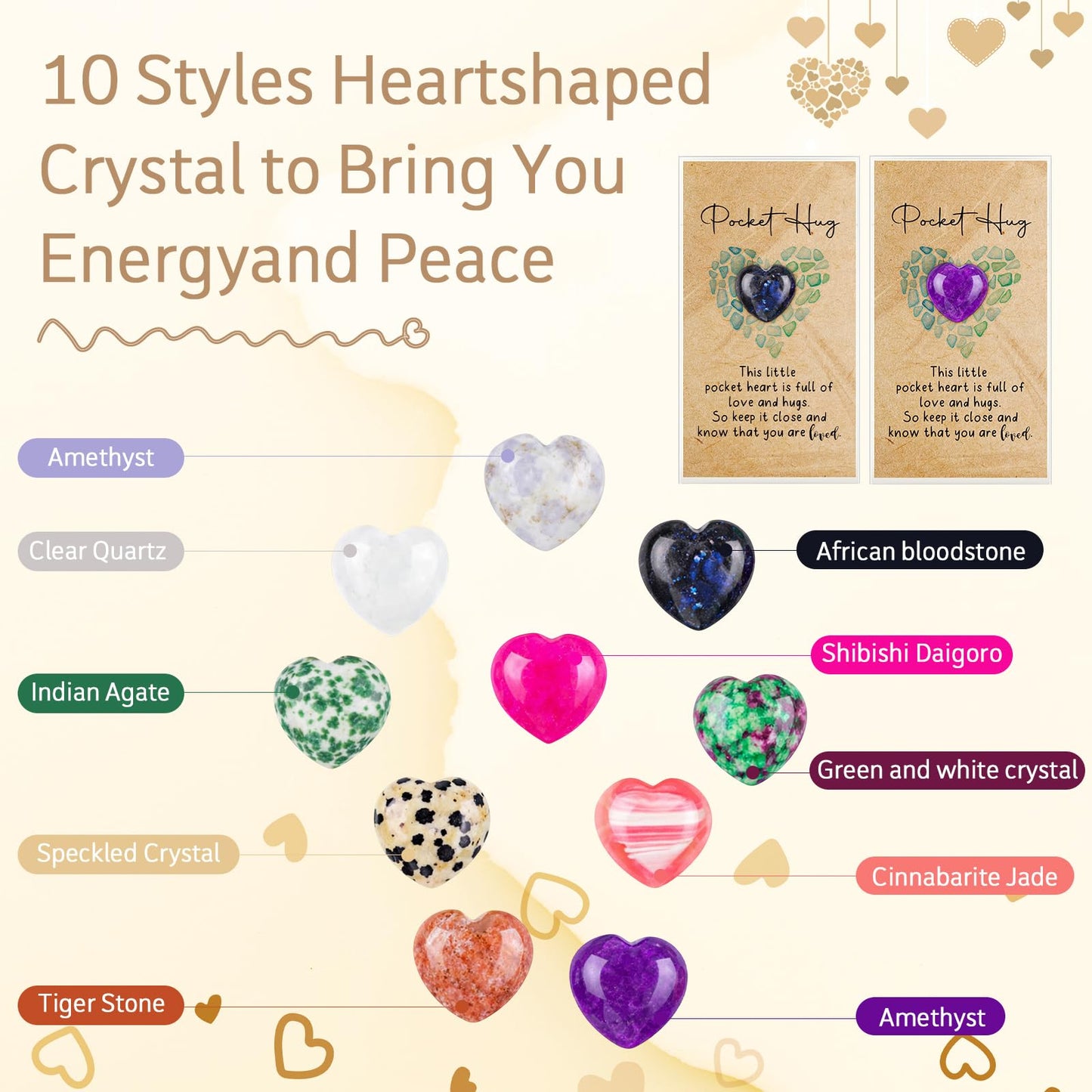 Nosiny 45 Sets Heart Stones Bulk Mother's Day Gift for Women Pocket Hug Token 0.8'' Natural Heart Crystals and Healing Stones with Card Employee Coworker Volunteer Nurse Graduation Meditation Gift