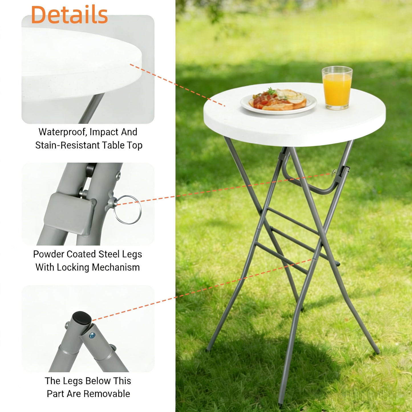 Lakhow Cocktail Table 28in Folding Round High Top Indoor Outdoor with Removable Legs, Tall Bistro Foldable Bar Height Table for Parties, Patio, Backyard, Dining Room, Events, Black- 1PCS