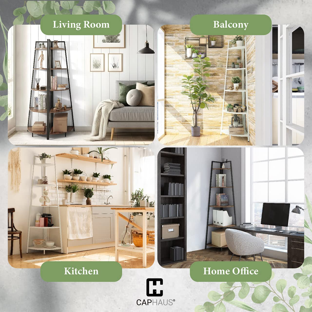 CAPHAUS Tall Corner Shelf Stand, 5-Tier Display Shelves, Ladder Corner Wood Storage Plant Bookshelf with Metal Frame, Versatile Shelving Unit Bookcase for Home Office Space, White