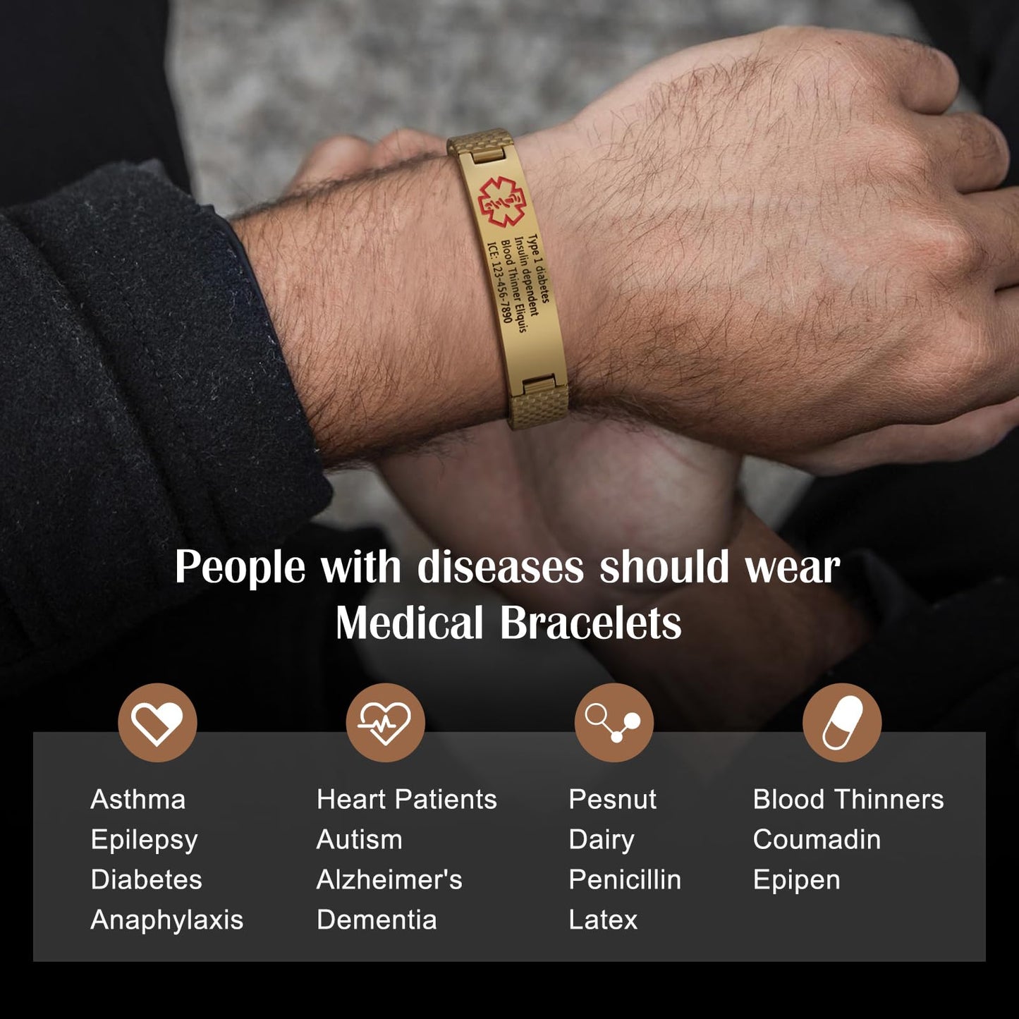 Bijouweled Medical Alert Bracelet for Women Men 7.5 to 9.8 Inches Emergency ID Bracelets Free Engraving Personalized Medic Alert Bracelet for Adult (Gold 7.3inch stretchable)