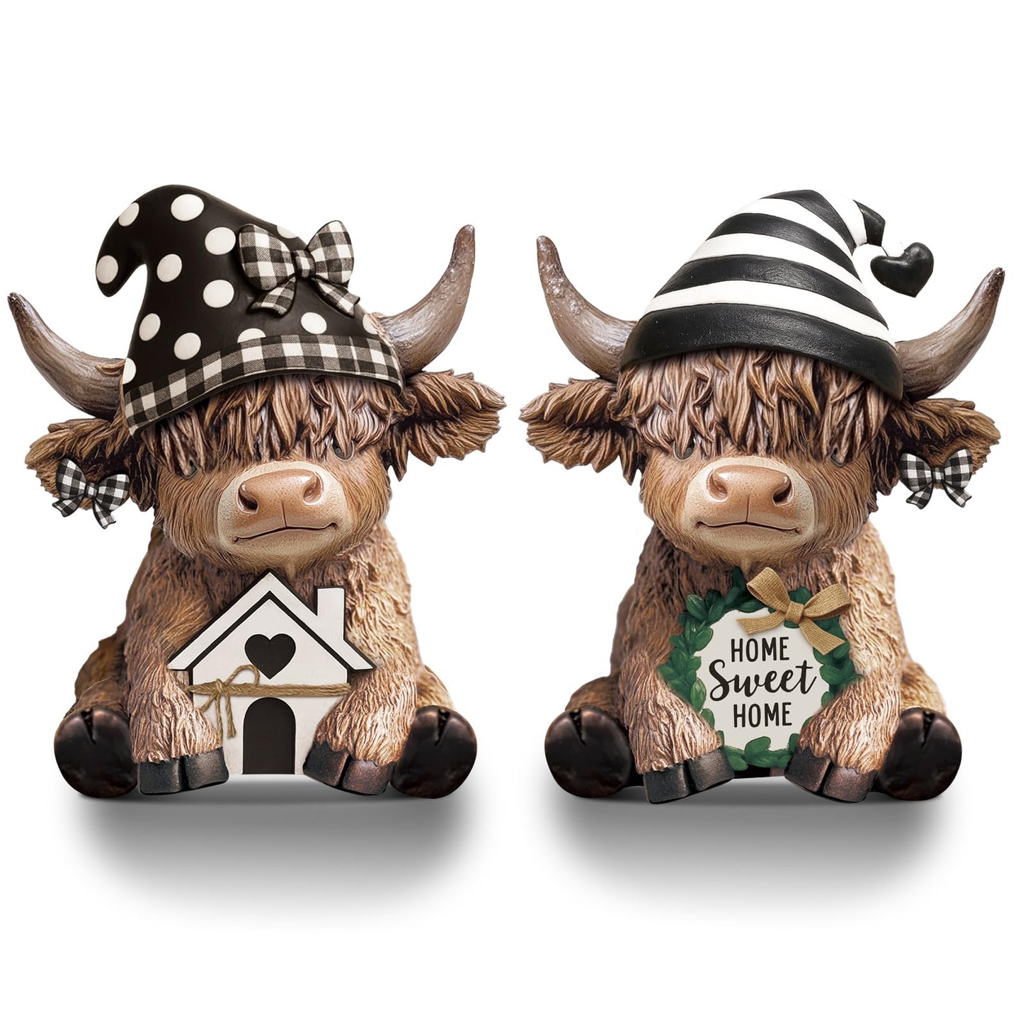 Wesiti 2 Pcs Highland Cow Home Decor Figurines Resin Farmhouse Ornament Set, Cute Cow Statues with House Home Sweet Sign, Rustic Tiered Tray Table Decor Gifts for Garden Kitchen Office