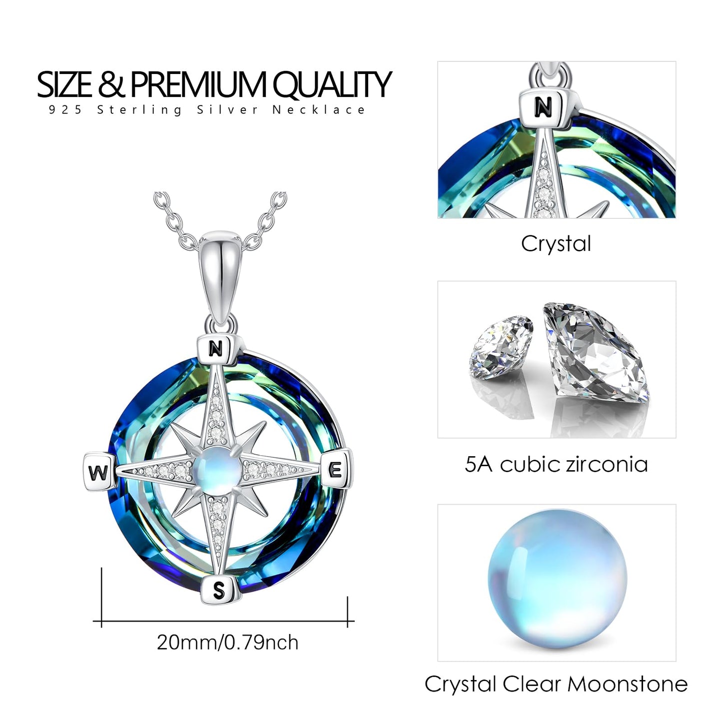 Silikepa Compass Necklace for Women 925 Sterling Silver Compass North Star Pendant Necklace with Zircon Graduation Season Jewelry Gift for Women