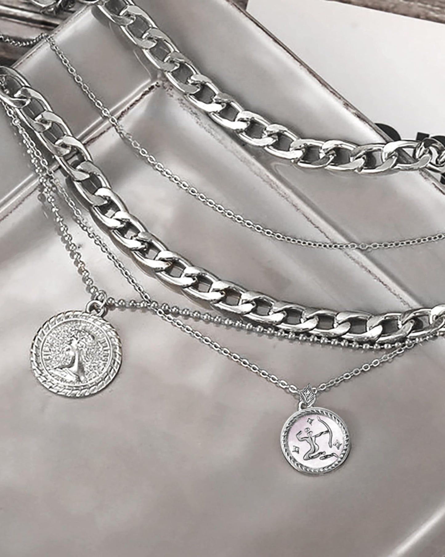 MJartoria Gold Layered Necklaces for Women Trendy Retro Coin Pendant Necklace Dainty Chunky Chain Choker Necklaces for Jewelry Birthday Gifts (Silver, Zodiac-Sagittarius-3PCS Layered)