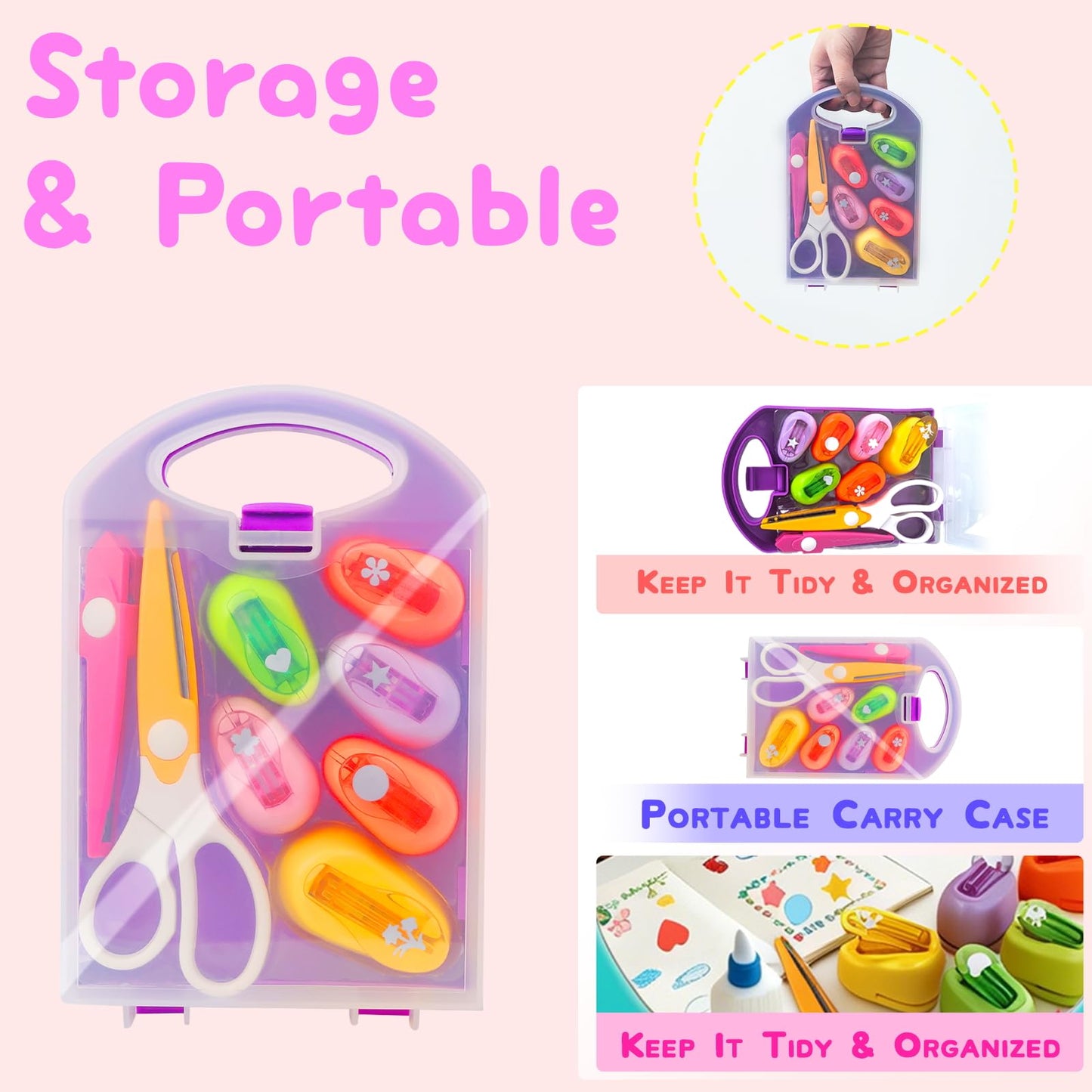 Kids Paper Craft Kit - Decorative Edge Scissors and 6-Piece Paper Hole Punch Set with Portable Storage Case, DIY Scrapbooking Art Supplies for Toddlers & Students, Great Birthday Gift for Girls & Boys